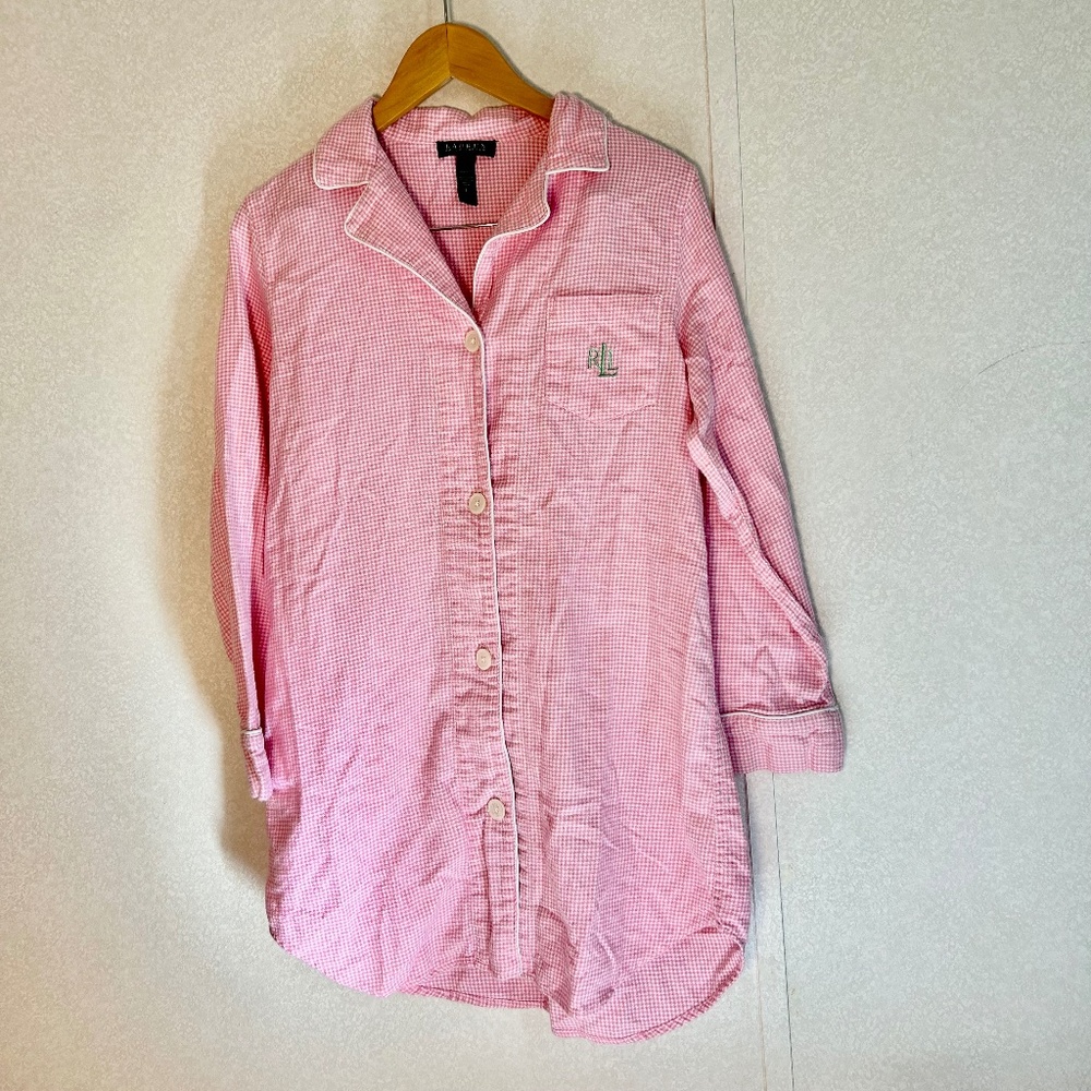 vintage lauren ralph lauren flannel pink white gingham check button up pajamas L